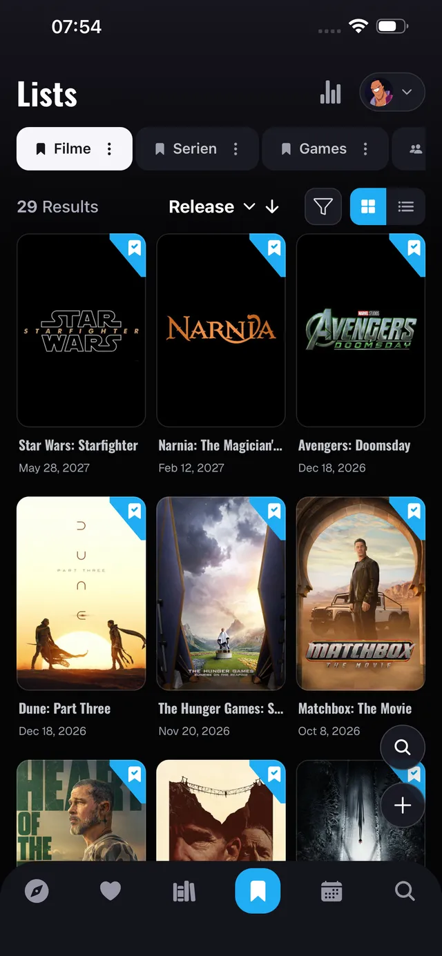 Lists in the WatchNPlay app