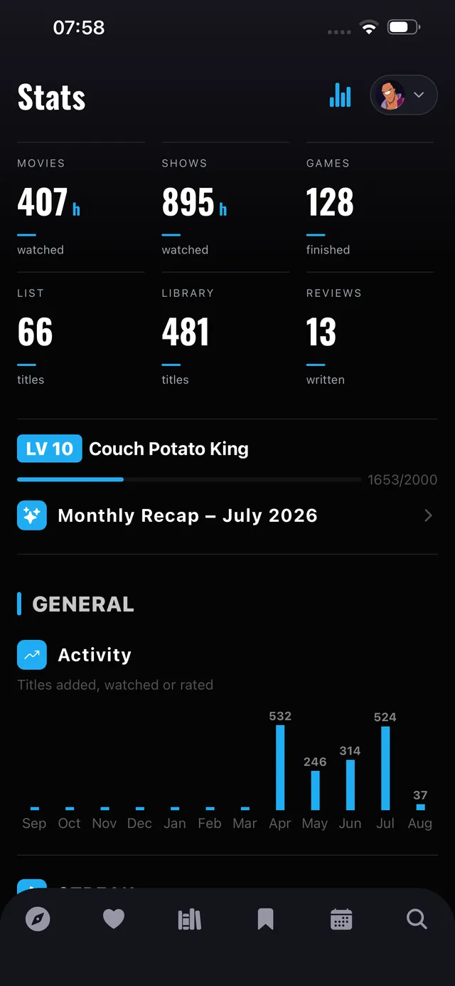 Your stats in the WatchNPlay app